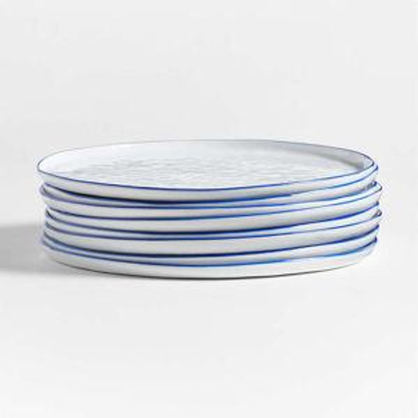 Blue Rim - Mercer White Round Ceramic Dinner Plates, Set of 8 + Reviews | Crate & Barrel