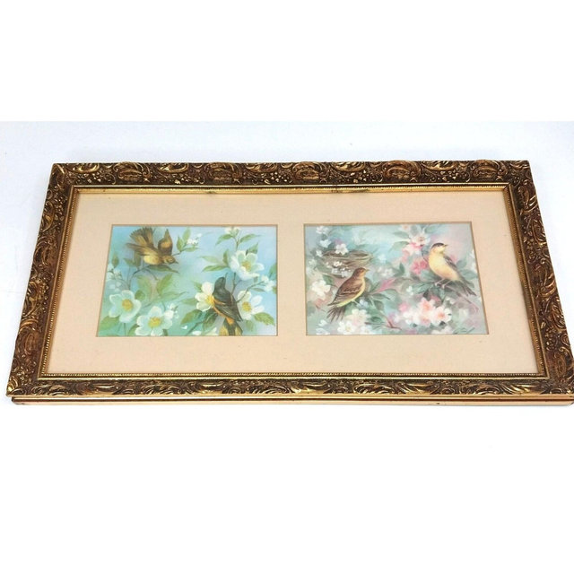 Vintage Bird Art Prints Painted Gold Wood Frame Cottage Core Pastel 17" X 9"