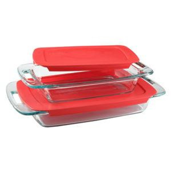 Pyrex Easy Grab 4-piece Rectangular Glass Bakeware Set with Red Lids