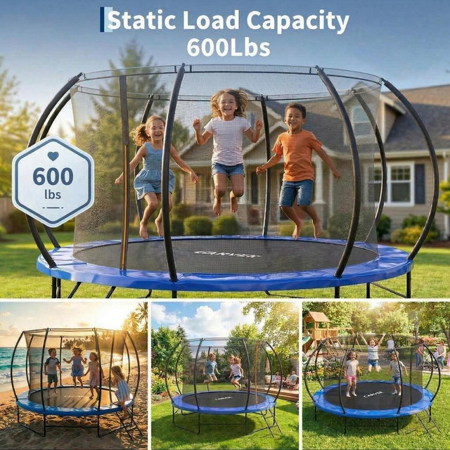 10FT Trampoline Outdoor for Kids and Adults, 600LBS Heavy Duty Recreational Trampoline with Enclosure, Curved Pole Design & Ladder for Backyard
