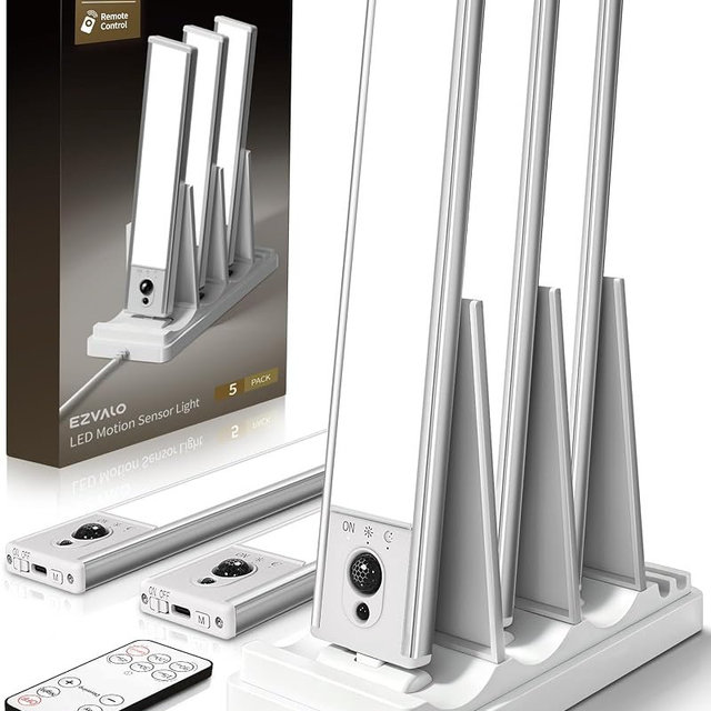 EZVALO 5-Pack Under Cabinet Lighting with Charging Station, 2400mAh Motion Sensor Light, LED Coutner Lights Wireless, 6500K Dimmable, Timer, Magnetic, with Remote Control for Kitchen, Closet, Stair