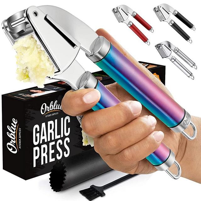 ORBLUE Garlic Press [Premium], Stainless Steel Mincer, Crusher & Peeler Set - Professional Grade, Easy Clean, Dishwasher Safe & Rust-proof, Multi-colored