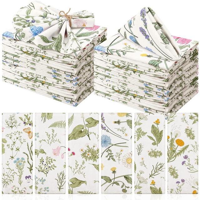 Funnymoom 24 Pcs Herbs and Wild Flowers Cloth Napkins Floral Plants Reusable Napkins Country French Toile Dinner Napkin Soft Absorbent Napkin for Everyday Spring Summer Holiday Party