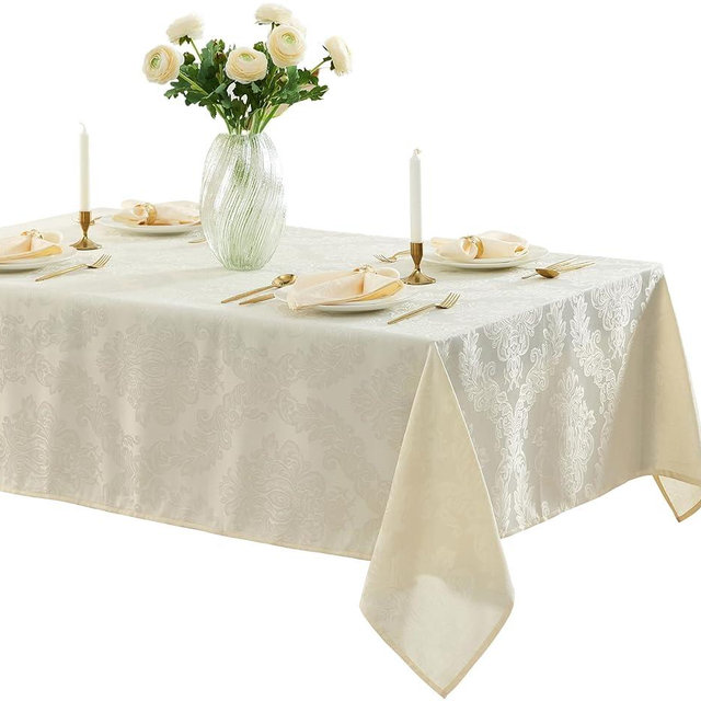 Newbridge Barcelona Luxury Damask Fabric Tablecloth, 70” Extra Wide x 90” Rectangle, Antique White, 100% Polyester, No Iron, Soil Resistant Dining Room, Party and Banquet Table Cover