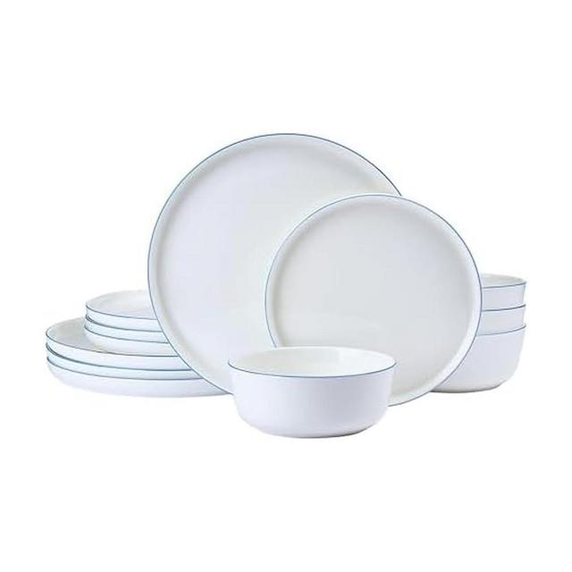 Mikasa Samantha 12 Piece Bone China Dinnerware Set, Service for 4, Flat Plates and Bowl with Blue Rim, Chip-Resistant, Lightweight, Elegant and Durable, White