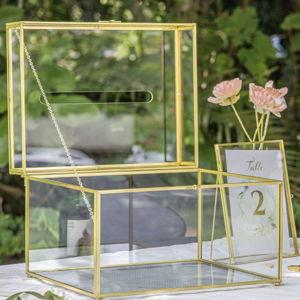 NCYP Large Glass Cards Box with Slot and Lock for Wedding Keepsake, Envelope, 12 x 9.4 x 8.4 Inch - Birthdays Party Reception, Tabletop Decor, Gold (Glass Box Only)