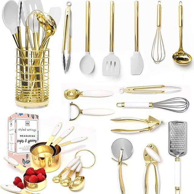 Gold Cooking Utensils with Gold Measuring Cups and Spoons Set - 23 Piece Luxe White and Gold Kitchen Accessories Include Gold Metal Measuring Cups and Spoons Set and White and Gold Kitchen Utensils