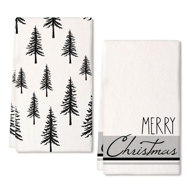 ARKENY Christmas Dish Towels for Christmas Decor Black Xmas Tree Kitchen Towels 18x26 Inch Grey Stripe Washcloths Seasonal Merry Christmas Hand Towel for Bathroom Set of 2 AD015