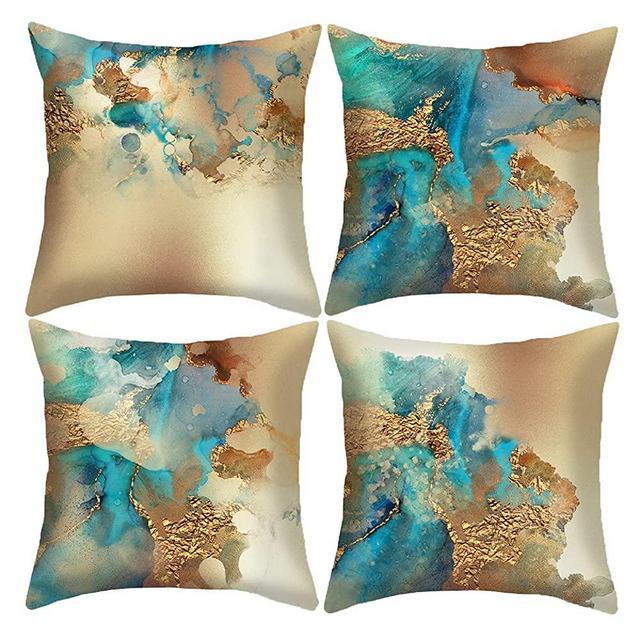 HOSTECCO Abstract Pillow Covers Set of 4 Nordic Pillow Cases Teal Blue and Gold Modern Decorative Cushion Covers for Sofa Couch 18x18 inches