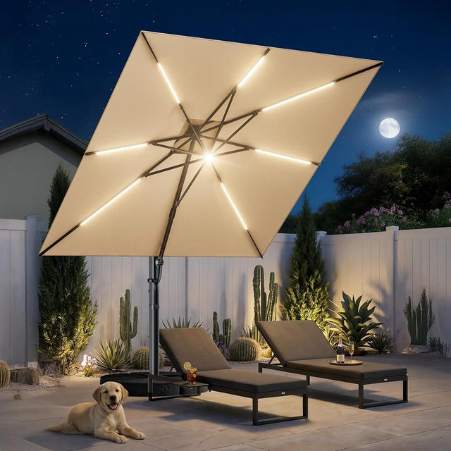 HOMSHADE 10 ft Square Cantilever Patio Umbrella with Base Included, Solar Lights Large Umbrella Outdoor Patio with 360°Rotation&Tilting, LED Lighted Offset Umbrellas w/Stand for Pool Deck