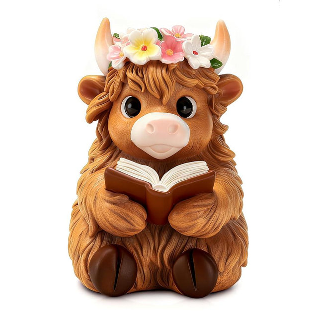 zimiliz Highland Cow Figurine for Book Shelf Decor, Highland Cows Themed Gifts for Women, Resin Figures Home Desk Decorations Accents (Read)