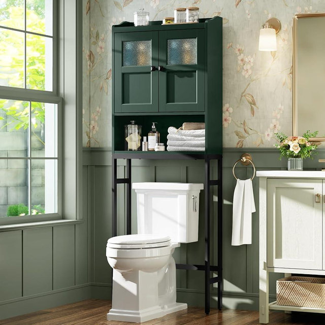 MXARLTR Over The Toilet Storage, Bathroom Over The Toilet Organizer, Above Toilet Storage with Double Doors and Soft Hinges Over Toilet Storage Shelf Over The Toilet Storage Cabinet (Forest Green)