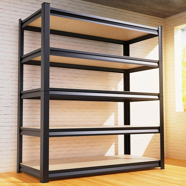 RPGHJJ 46" W Garage Shelving Heavy Duty Garage Storage Shelves Metal Shelving Unit 5T Adjustable Industrial Utility Shelf Wood Black Organization Rack for Warehouse Storage,72" H x 46" W x 19.7" D