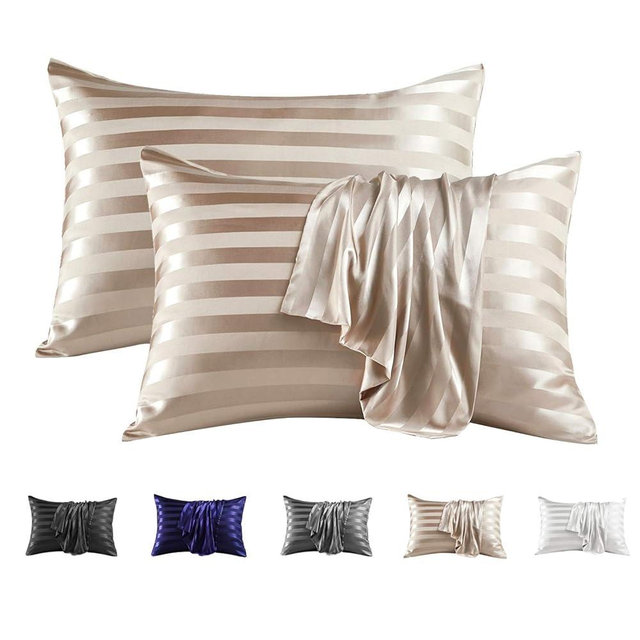 MR&HM Satin Pillowcase for Hair and Skin, Silk Satin Pillowcase 2 Pack, Queen Size Pillow Cases Set of 2, Silky Pillow Cover with Envelope Closure (20x30, Champagne Striped)