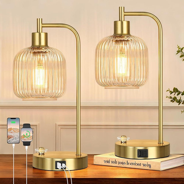 QiMH Industrial Table Lamp for Bedroom Set of 2, Clear Glass Beside Lamp with USB A&C Ports, Stepless Dimmable Gold Lamps, Nightstand Lamps for Living Room, Office, Home Decor(Bulb Included)