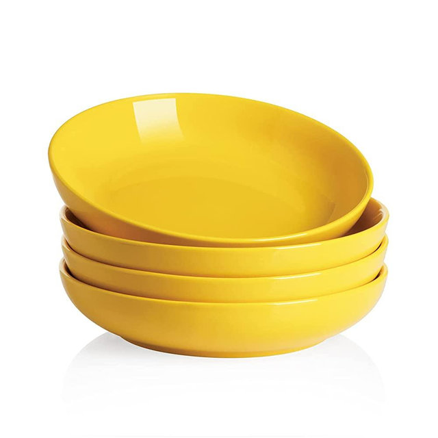 SWEEJAR Pasta Bowls, Ceramic Dinner Plates, 25oz Salad Serving Bowls for Soup, Dessert, Pizza, Fruit, Steak, Microwave Dishwasher Safe, Set of 4 （Yellow）