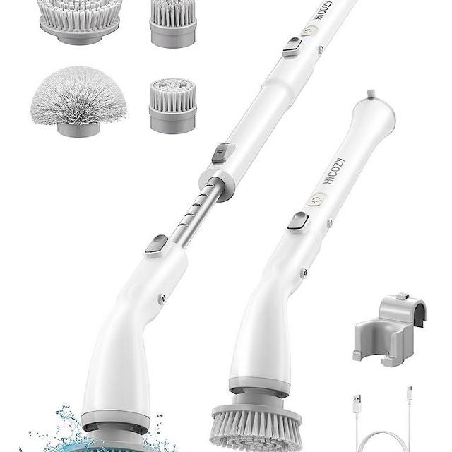Hicozy Electric Spin Scrubber HS1, Cordless Shower Scrubber with 4 Replaceable Brush Heads Adjustable Extension Handle, Power Cleaning Brush for Bathroom, Floor, Tile, Kitchen White