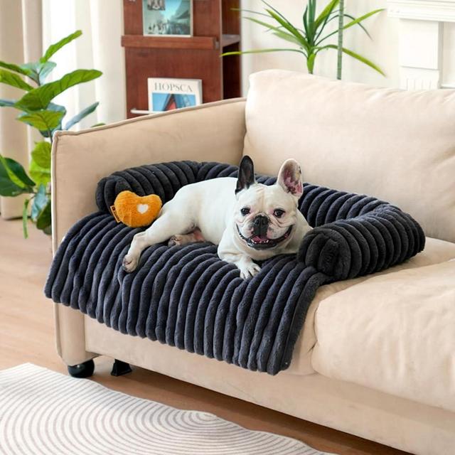 FUNNY FUZZY Pet Couch Cover for Sofa, Calming Dog Bed for Couch, Fluffy Plush Dog Couch Mat for Furniture Protector for Medium Dogs and Cats, 33×28 in, Dark Grey