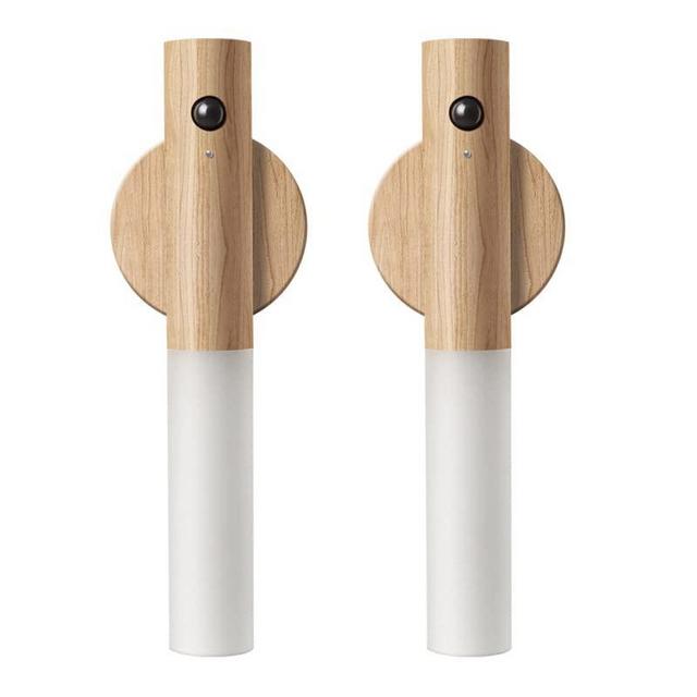 Motion Sensor Night Light, 2 PCS Wall Sconces, Smart Portable Sensor Night Light Wood USB Rechargeable Magnetic Night Light for Bedroom, Hallway, Stairway Wall Induction lamp (White Ash Wood 2PCS)
