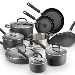 T-fal E765SE Ultimate Hard Anodized Scratch Resistant Titanium Nonstick Thermo-Spot Heat Indicator Anti-Warp Base Dishwasher Safe Oven Safe PFOA Free Cookware Set, 14-Piece, Gray