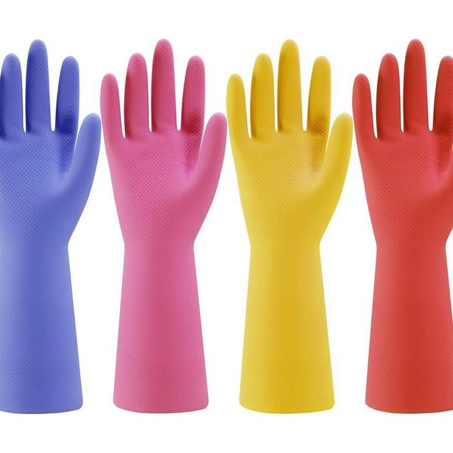 Bamllum Rubber Kitchen Dishwashing Gloves - 4 Pairs Colorful Reusable Household Cleaning Gloves for Washing Dishes and Cleaning Tasks, Flexible Durable and Non-Slip (Medium, Blue+Pink+Yellow+Orange)