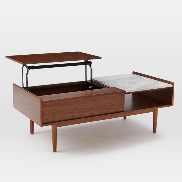 Mid Century Pop Up Coffee Table, 48"x24", Marble + Walnut