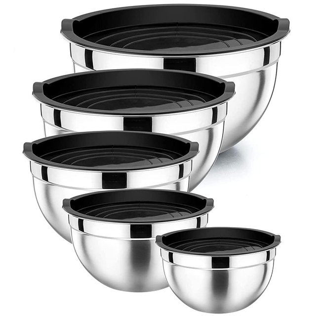 Stainless Steel Mixing Bowls with Black Lids Set of 5, P&P CHEF Nesting Salad Mix Bowl for Mixing/Prepping/Beating, Refrigerator & Dishwasher Safe, Size 4.6, 3, 1.5, 1, 0.7 QT