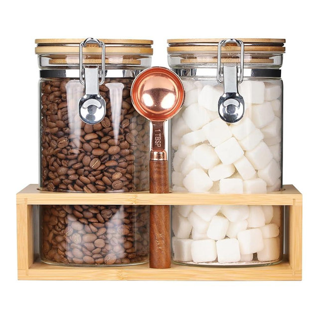 KKC HOME ACCENTS Airtight Borosilicate Glass Coffee Beans & Loose Tea Storage Canisters with Bamboo Clamp Lid & Scoop - Glass Food Storage Jars for Nuts,Sugar, Kitchen Pantry Organization - 40 Fl.Oz