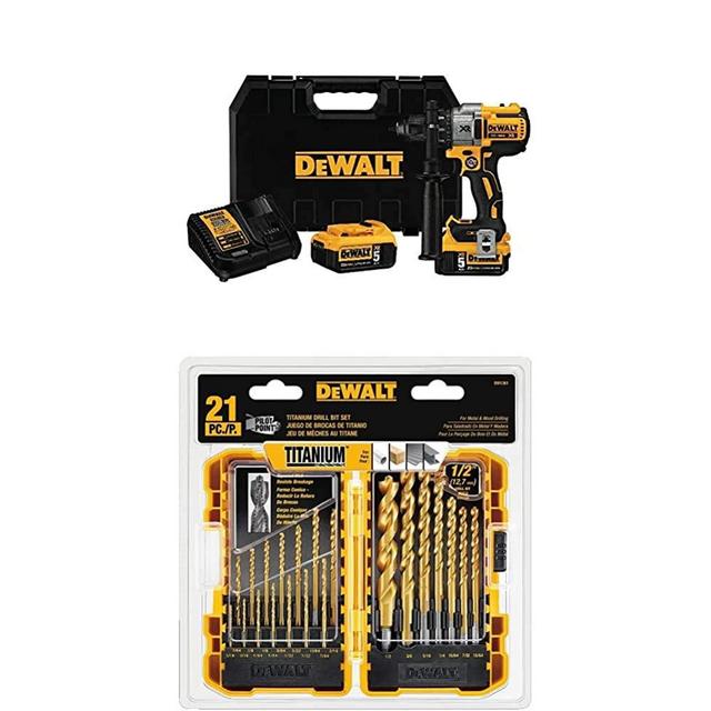 DEWALT 20V MAX XR Brushless Drill/Driver 3-Speed, Premium 5.0Ah Kit (DCD991P2) with DEWALT DW1361 Titanium Pilot Point Drill Bit Set, 21-Piece