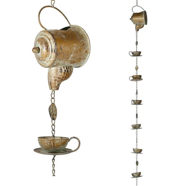 Jemeni Teapot & Teacups Rain Chain, 8.5 Ft Copper Patina Rain Chain for Gutters, Decorative Downspout Replacement with Hanging Bell