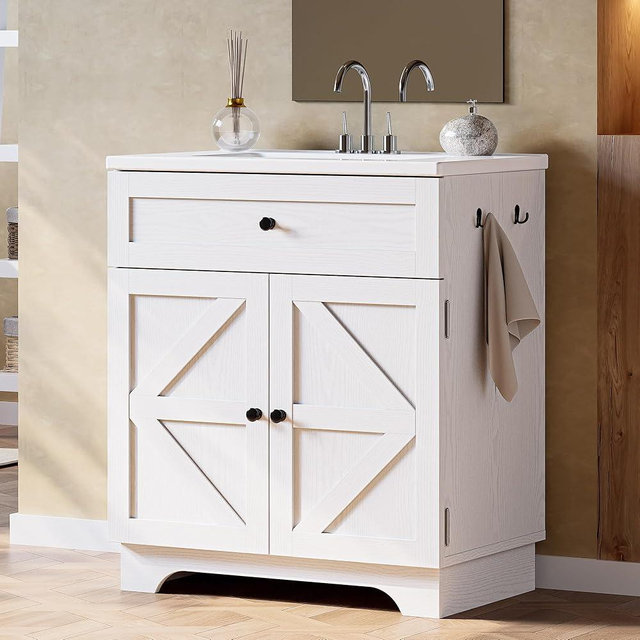 ANCTOR 30 Inch Bathroom Vanity with Integrated Ceramic Sink, Farmhouse Single Sink Bathroom Vanity, Tip-Out Drawer & Adjustable Shelf (White)