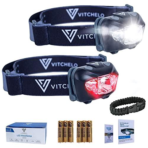 VITCHELO V800 Headlamp Flashlight with White and Red LED Lights. Super Bright Head Light & Waterproof. 3 AAA Batteries Included Best for Trail Running Jogging Camping Hiking Hunting Reading Mechanic