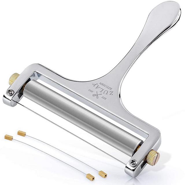 Zulay Cheese Slicer With Adjustable Thickness - Heavy Duty Stainless Steel Cheese Slicers With Wire - Premium Wire Cheese Slicer For Soft & Semi-Hard Cheeses - 2 Extra Wires Included