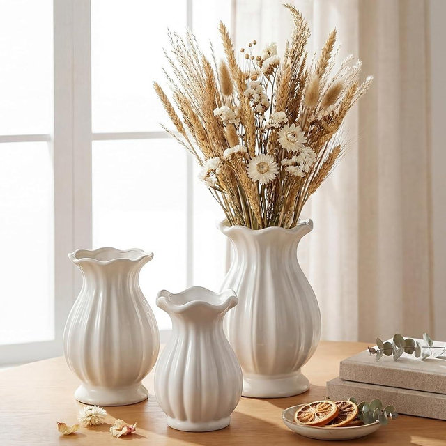 Ferrochef White Ceramic Vase Set of 3 Small Rustic Decorative Vases Home Decor Wavy Edge Modern Flower Vases for Farmhouse Table Centerpiece Shelf Living Room Kitchen Bedroom Bookshelf Decorations