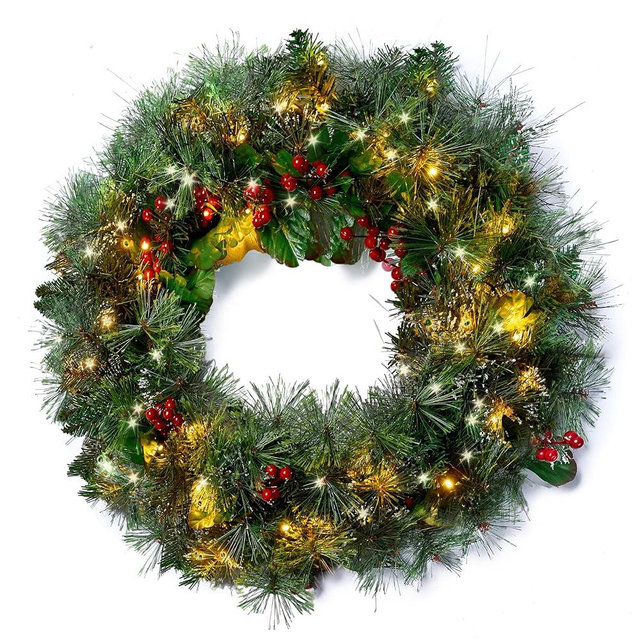 Joiedomi 24 Inch Pre-Lit Christmas Wreath with Warm White LEDs, Pine Cone and Berry Light Up Wreath with Timer Function for Indoor Outdoor Xmas Holiday Decor, Battery Operated (Batteries Not Included)