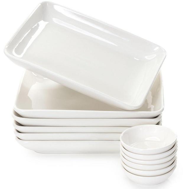 FAMHH 8 Inch Appetizer Plates Set with Dipping Cups for Serving, Desserts, Salads – Chip-Resistant, Porcelain, Rectangular Dinner Plates – Free of Plastic & Lead – 6 Small, White Dinner Plates & Cups