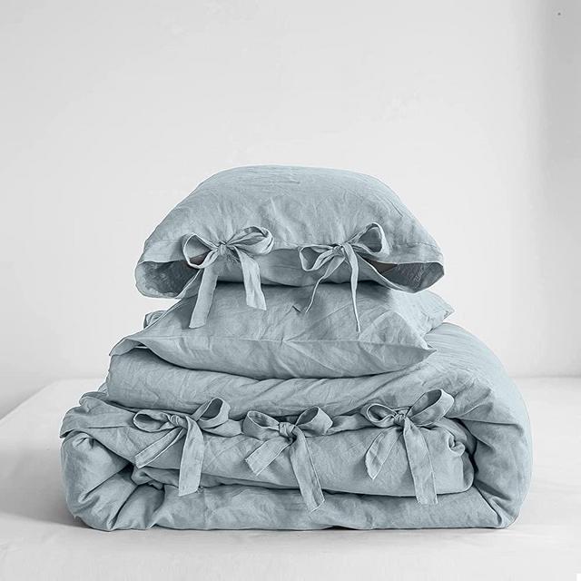 Simple&Opulence 100% Linen Duvet Cover Set, 3 Piece Belgian Flax Breathable Bedding, King Size 104''x92'' (1 Comforter Cover+2 Pillowshams) with Tie Closure Style, Dusty Blue