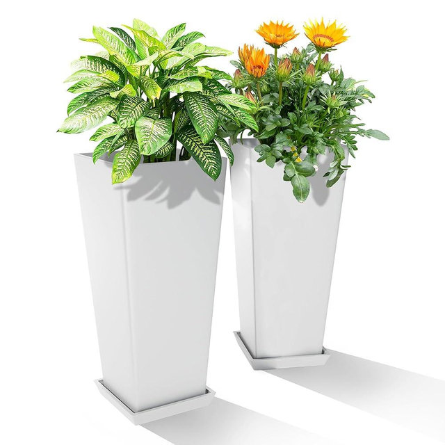 YESUNEED 24" Tall Planters for Outdoor Plants, Set of 2 Large Outdoor Planters for Front Porch Decor with Drainage Hole, Tall Planter(White)