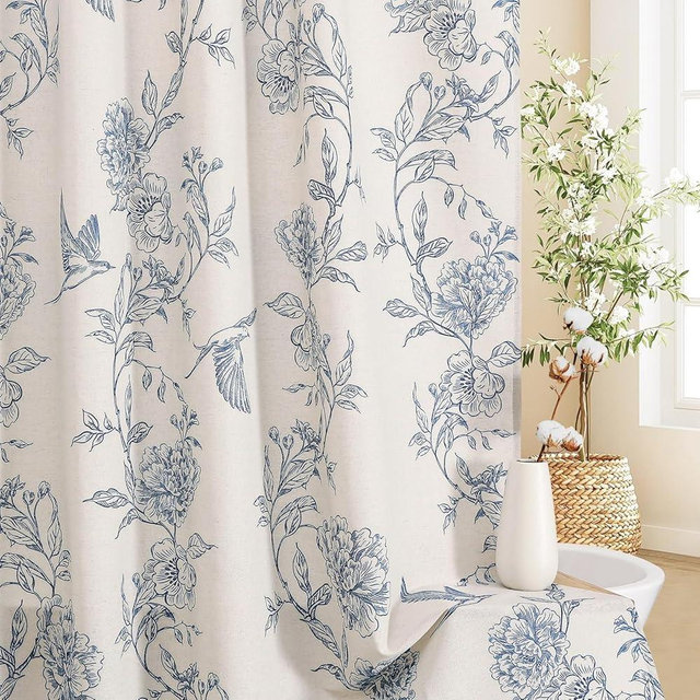 MitoVilla Blue Farmhouse Shower Curtain Set, Cotton Floral Hummingbird Cottagecore Spring Shower Curtains for Bathroom, Modern Country Bathroom Décor, 72" W x 72" L
