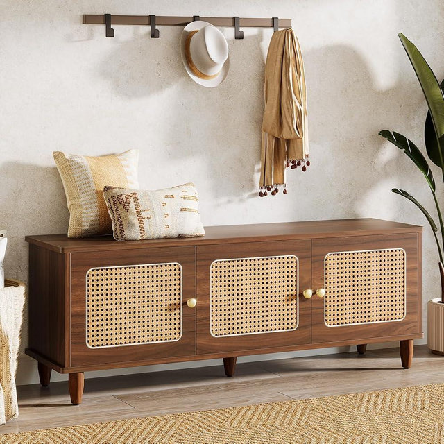 Tribesigns 55" Shoe Storage Bench with Lift Top, 2-Tier Rattan Shoe Cabinet with 3 Doors for Entryway, Bedroom, Living Room (Brown)