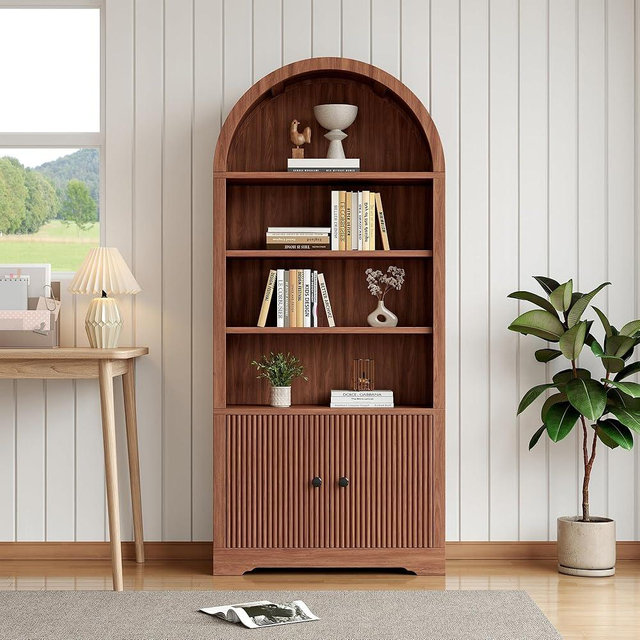 LCVTND 70" Arched Bookcase with Storage, 6 Tier Bookshelf with Door, Freestanding Display Storage Cabinet Farmhouse Storage Shelves for Living Room,Bedroom Home Office,Walnut Oak