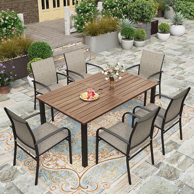 HERA'S HOUSE 7 Piece Patio Dining Set, Wood-Like Metal Table with Umbrella Hole, 6 Textilene Dining Chairs with Armrest, All Weather Outdoor Table Chairs for Pool, Lawn, Garden, Porch