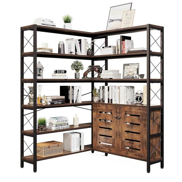 Jartoil Corner Bookshelves and Bookcases Industrial Corner Etagere Bookcase L Shaped Shelf 6 Tiers with Metal Frame for Living Room Home Office