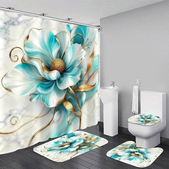 AZHM 3D Floral Shower Curtains for Bathroom Modern Marble Flower 4 Piece Shower Curtain Sets with Rugs Gold and Blue Bathroom Decor Sets and Accessories and 12 Hooks