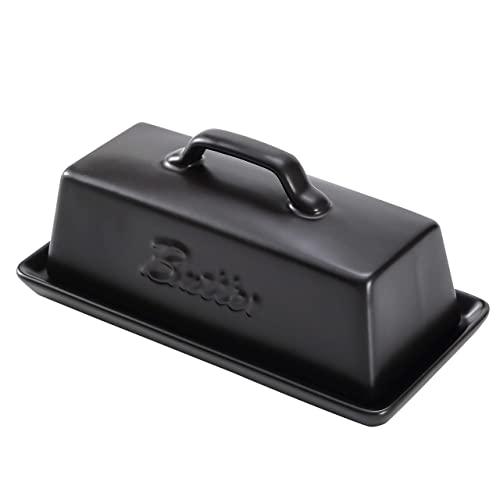 Bruntmor Elegant Porcelain Butter Dish with Lid, Covered Butter Keeper - Handle Design - Dishwasher Safe, 7.5 Inch Wide, Black