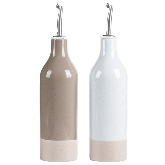 famiware Milkyway Ceramic Olive Oil Dispenser Bottle, Olive Oil and Vinegar Dispenser Bottle Set of 2 with Stainless Steel Pourers, Suitable for Storage Oil, Vinegar, Light Gray and Cinnamon Brown