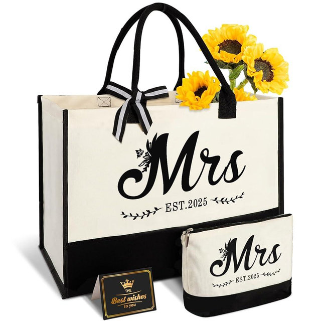 Mrs 2025 Bride Canvas Tote Bag with Bride Makeup Bag, Bride Gifts Bride Bag Tote for Wedding Bridal Shower Bachelorette Party Engagement Honeymoon, Miss to Mrs Bag, Bride to Be Gifts, Future Mrs Gifts