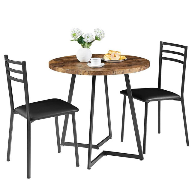 VECELO Round Kitchen Table with 2 Upholstered Chairs, 3-Piece Wood Dinette Sets with Steel Frame for Breakfast Nook, Dining Room, and Small Space, Brown