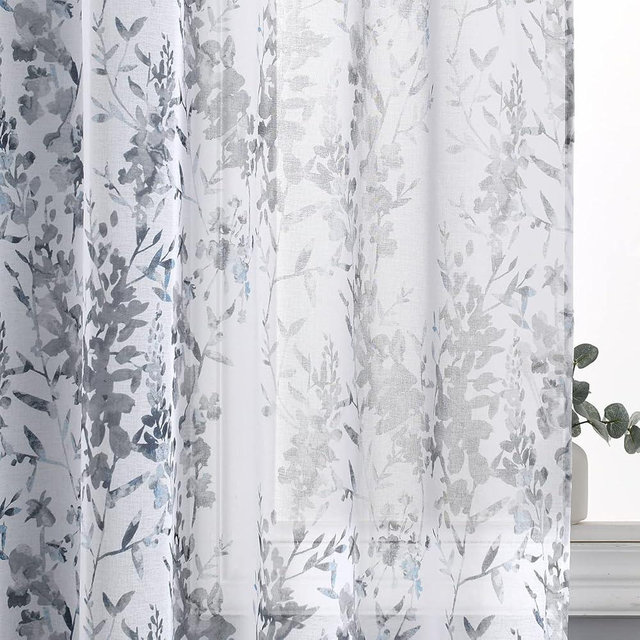 Kotile Grey and White Sheer Curtains 84 Inch Length 2 Panels Set, Vintage Branch Floral Printed Sheer Curtains for Living Room, Rod Pocket Privacy Sheer Window Curtains, 50 x 84 Inch, Grey