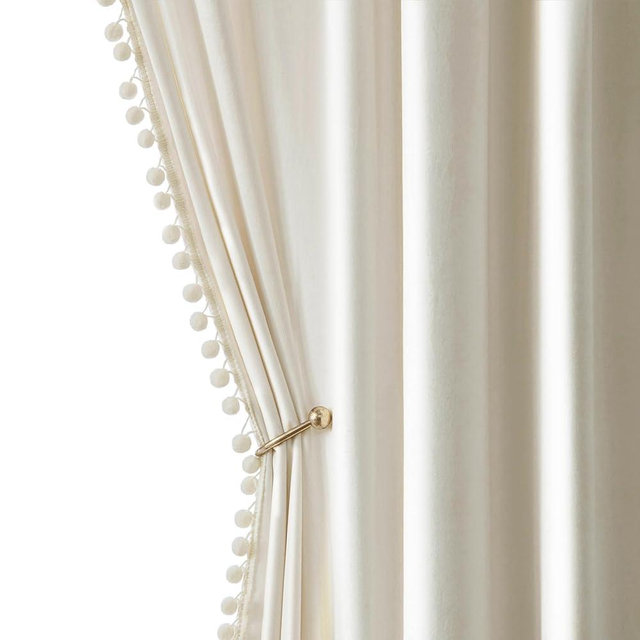 MIULEE Ivory Pom Pom Velvet Curtains for Bedroom/Living Room Darkening Thermal Insulating 96 Inches Long Creamy White Blackout Curtains with Rod Pocket for Girls Room/Nursery/Home Theater Set of 2